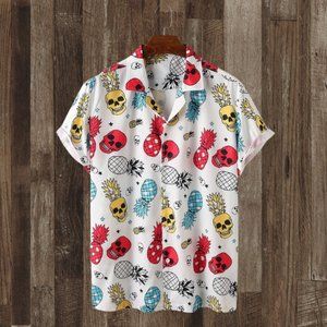White Red Blue Yellow Skull Fruit Short Sleeve Button Up Shirt Mens